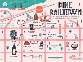Local artist Tom Froese's map of culinary gems located in East Vancouver's Railtown neighbourhood.