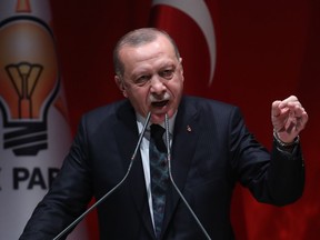 Turkish President Recep Tayyip Erdogan speaks during the extended meeting with provincial heads of ruling Justice and Development (AK) Party in Ankara, Turkey, on October 10, 2019.