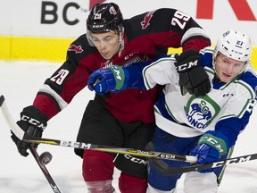 Vancouver Giants' Tanner Brown and Swift Current Broncos' Garrett Sambrook battle during a regular-season WHL game at the Langley Events Centre.