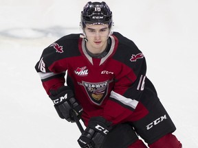 Vancouver Giants winger Cole Shepard warms up during the pregame skate prior to playing the Swift Current Broncos in a regular season WHL hockey game at the LEC, Saturday.