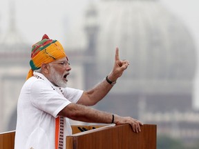 Indian Prime Minister Narendra Modi addresses the nation during Independence Day celebrations at the historic Red Fort in Delhi, India, August 15, 2019.