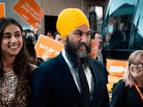 NDP Leader Jagmeet Singh arrives in Montreal for a French-language debate, Oct. 2, 2019.