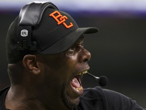 BC Lions head coach DeVone Claybrooks on the sidelines as his team plays the Hamilton Tiger-Cats in a regular season CFL football game at BC Place, Vancouver, August 24 2019.