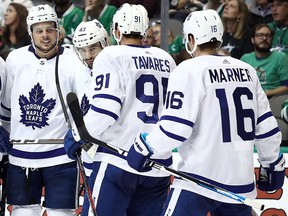 In this Oct. 9, 2018, file photo, (L-R) Auston Matthews, Nazem Kadri, John Tavares and Mitchell Marner of the Toronto Maple Leafs celebrate against the Dallas Stars at American Airlines Center in Dallas, Texas.