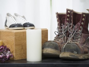 Baby shoes and work boots are part of a mother's shrine to her son who died of a fentanyl overdose in 2016.