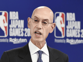 NBA Commissioner Adam Silver speaks during a news conference before the NBA preseason basketball game between Houston Rockets and Toronto Raptors at Saitama Super Arena in Saitama, Japan, Oct. 8, 2019.