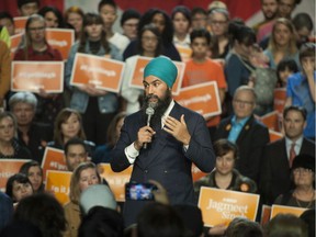 Federal NDP Leader Jagmeet Singh at a rally of supporters at the Vogue Theatre in Vancouver, BC Saturday, October 1, 2019.