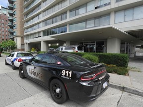 Vancouver Police at the Ocean Towers apartment block where two people were killed in 2017.