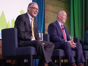 Premier John Horgan and Washington Governor Jay Inslee in a public appearance together at the 2019 Cascadia Innovation Corridor Conference.