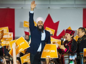 Jagmeet Singh rallies the crowd at Grand Taj Banquet Hall in Surrey, BC, October 13, 2019.