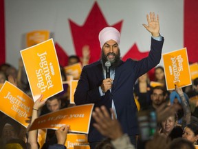 Federal NDP Leader Jagmeet Singh rallies the crowd at Grand Taj Banquet Hall in Surrey, BC, October 13, 2019.