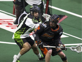 Saskatoon Rush defender Nik Bilic matches up with Buffalo Bandit Alex Kodoh Hill back in in 2016.