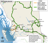 This screen shot from the Ministry of Transportation shows the highways in Northern B.C. that now require snow tires or chains.