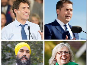 Leaders of the four main political parties campaigning in B.C. Clockwise, from top left: Justin Trudeau, Andrew Scheer, Elizabeth May and Jagmeet Singh.
