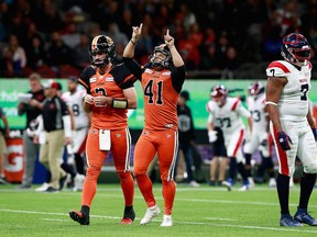 Kicker Sergio Garcia celebrates a 48-yard field goal against the Montreal Alouettes last week at B.C. Place Stadium.