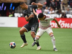 Real Salt Lake forward Jefferson Savarino (7) challenges Vancouver Whitecaps defender Ali Adnan (53) at B.C. Place on Sunday. Photo: Anne-Marie Sorvin-USA TODAY Sports