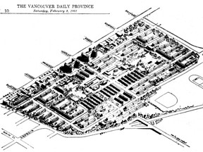 "Slum clearance" plan for Strathcona from The Province, Feb. 3, 1951. The proposal by UBC social work professor Dr. Leonard Marsh would have seen the razing of the historic neighbourhood and its replacement by modern buildings.