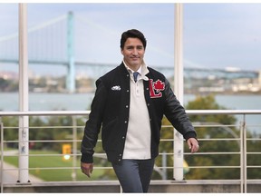 Liberal leader Justin Trudeau arrives at the St. Clair Centre for the Arts in Windsor on Monday, Oct. 14, 2019 during a campaign stop with local candidates.