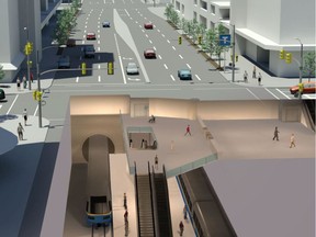 Artist's concept of a new subway station under Broadway at Oak, from a study on the proposed SkyTrain extension along Broadway.