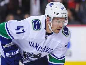 CALGARY, AB - OCTOBER 6: Sven Baertschi #47 of the Vancouver Canucks in action against the Calgary Flames during an NHL game at Scotiabank Saddledome on October 6, 2018 in Calgary, Alberta, Canada.