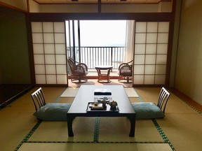 A room at a traditional Japanese inn, or ryokan.