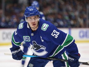 Bo Horvat #53 of the Vancouver Canucks prepares to take a face-off against the Los Angeles Kings during the first period at Rogers Arena on October 9, 2019.