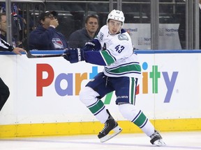 NEW YORK, NEW YORK - OCTOBER 20: Quinn Hughes #43 of the Vancouver Canucks skates against the New York Rangers at Madison Square Garden on October 20, 2019 in New York City. The Canucks defeated the Rangers 3-2.