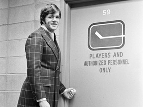 Vancouver Canucks' best dressed hockey player Dale Tallon for fashion section. November 20, 1970. Deni Eagland (70-2850) [PNG Merlin Archive]