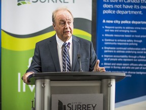 Surrey Mayor Doug McCallum speaks with the media about provincial approval for a new municipal police department.