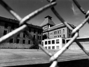 July 2 1991. Main observation tower (left) looms over west and east wings, of Oakalla Prison, while noose (above) marks the site of gallows built over an old elevator shaft. Ran July 5, 1991. 91-4313. ( for noose photo - see original negatives) Gerry Kahrmann/ Province. [PNG Merlin Archive]