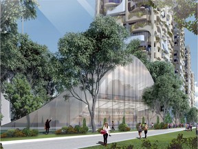 Artist renderings of the 6,000-unit Senakw development proposed for Squamish First Nation lands in Kitsilano adjacent to the Burrard Bridge.