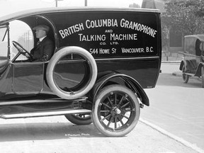 Stuart Thomson photo of the British Columbia Gramophone and Talking Machine Co. Ltd. truck, circa 1919. This is an example of the "closed-in" vehicles that were growing in popularity in the late 1910s, displacing the convertibles that originally dominated the car and truck market. Vancouver Archives M1535-: CVA 99-5295