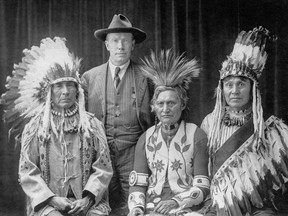 James Teit with three Interior chiefs in Ottawa, 1916. Left to right: Chief John Tetlenitsa (Nlaka’pamux), James Teit, Chief Paul David (Ktunaxa) and Chief Thomas Adolph (St’at’imc). Photograph by Frederick Lyonde. Copy courtesy of Sigurd Teit.