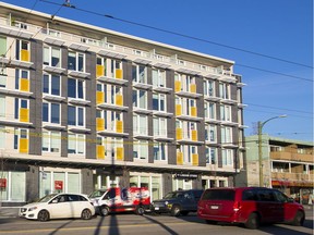A recently built, six-storey mixed building in East Vancouver, with commercial space on the ground floor and rental apartments above. The City of Vancouver is considering changes to encourage the construction of similar structures.