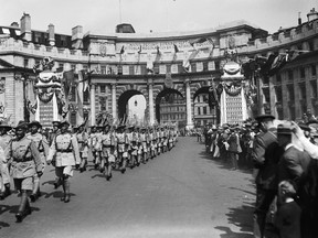 Indian soldiers marching through Admiralty Arch to the Cenotaph during the London Peace Pageant in July 1919.