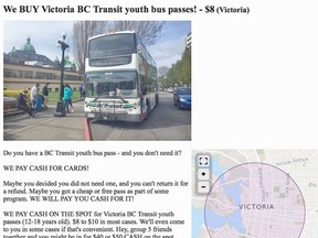 Online Craigslist ad offering discounted monthly B.C. Transit youth bus passes.