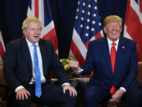 British Prime Minister Boris Johnson (left) and U.S. President Donald Trump at United Nations headquarters in New York on Sept. 24, 2019.