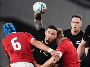 New Zealand's centre Sonny Bill Williams looks to pass the ball during the Japan 2019 Rugby World Cup bronze final match between New Zealand and Wales at the Tokyo Stadium in Tokyo on November 1, 2019.