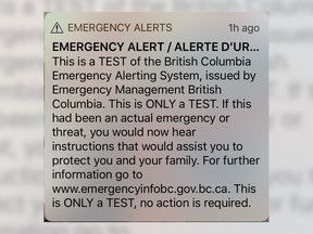 B.C. conducting test of emergency alert to wireless devices on Wednesday