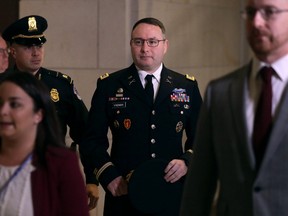 Army Lieutenant Colonel Alexander Vindman, Director for European Affairs at the National Security Council, arrives at a closed session before the House Intelligence, Foreign Affairs and Oversight committees October 29, 2019 at the U.S. Capitol in Washington, DC.