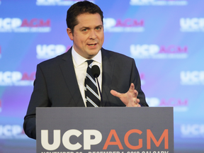 Conservative leader Andrew Scheer gives a keynote speech at the Alberta United Conservative Party Annual General Meeting in Calgary, Nov. 29, 2019.