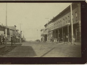 Bailey  and Neelands photo of Carrall Street facing north from Cordova Street, 1889. The Cinematographe films would have been shown in the building on the right foreground, either in a storefront or in an upstairs hall.