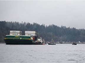 A barge that ran aground is seen near Quadra Island, is seen in this undated handout photo.