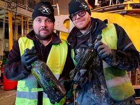 This picture taken on October 16, 2019 on board the Deepsea Worker ship in the Baltic Sea and handed out on November 7, 2019 by the Ocean X Team shows Peter Lindberg (L), one of the heads of the Ocean X team that recovered hundreds of bottles of liquor from a WW1-era wreck in the Baltic sea, and his colleague Floris Marseille posing with bottles of cognac on board the Deepsea Worker, the vessel used to salvage the bottles. - A Swedish team has salvaged hundreds of bottles of liquor from the wreck of a ship sunk during World War I in the Baltic Sea.