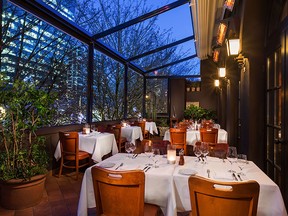 The romantic patio overlooking Robson Street at CinCin Ristorante + Bar in Vancouver.