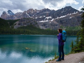 A hiker looks at Lake O'Hara, located in Yoho National Park, in this undated handout image.