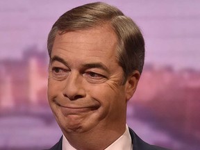 In a handout picture released by the BBC in London on Nov. 2, 2019, Britain's Brexit Party Leader Nigel Farage is pictured as he appears on the BBC program "The Andrew Marr Show."