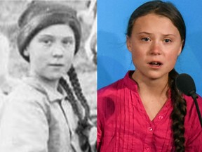 An 1898 photograph of a girl digging for gold in a Yukon gold mine bears a striking resemblance to Swedish climate change activist Greta Thunberg.