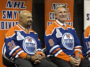 Hockey Hall of Fame goaltender Grant Fuhr, left, will be in Langley this weekend for a memorabilia show at the Langley Events Centre. The former Edmonton Oilers' great says he's like to give junior coaching a shot.