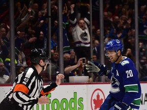 Vancouver Canucks centre Brandon Sutter, celebrating a goal against the Florida Panthers in NHL action at Rogers Arena, is on the injured reserve list with a groin strain.
